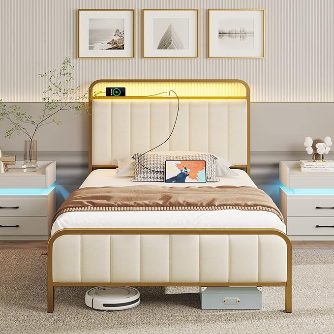 Rolanstar Bed Frame Twin Size with Charging Station and LED Lights, Upholstered Velvet Bed with Headboard Footboard, Heavy Duty Metal Slat, No Box Spring Need, Noise Free, Easy Assembly, Golden Color