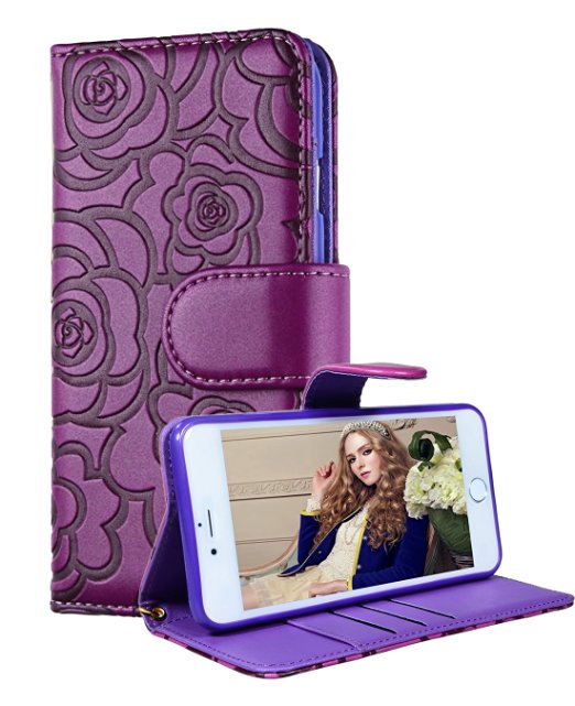 iPhone 6 Plus Wallet Case, FLYEE® Christmas Gifts Premium Vintage Emboss Flower Flip Wallet Shell PU Leather Magnetic Cover Skin with Detachable Wrist Strap Case for iPhone 6/6s Plus 5.5"(Purple)