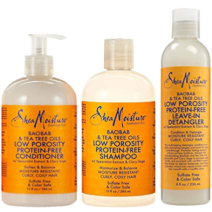 Shea Moisture Baobab & Tea Tree Oils Bundle | Low Porosity Protein-Free Leave-In Detangler 8 Oz, Low Porosity Protein-Free Conditioner for 13 Oz & Low Porosity Protein-Free Shampoo 13 Oz