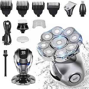 9D Head Shaver for Bald Men, 5-in-1 Multifunctional Floating Bald Head Shaver for Men, LED Display, Rechargeable Electric Shaver with Type-C Charging, Detachable Head Shaver, Ideal Gift for Men