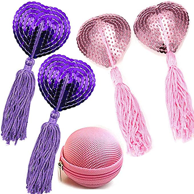 Reusable Silicone Sequin Adhesive Nipple Cover Pasties Bra with Tassel Heart Pasties Adhesive Nipple Cover (2 Pairs-Pink Purple)