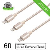 Amoner 3 Pack 6ft Nylon Braided Tangle-Free Lightning Cable USB Cord for iphone6s 6s 6 Plus 6 iPhone 5 5C 5S iPad 4 Mini Air iPod Touch 5Nano 7 on iOS9 Popular Golden