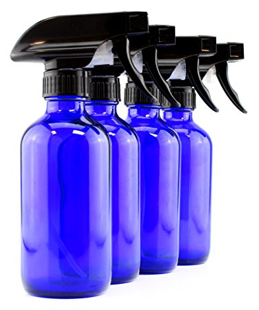 8-Ounce Cobalt Blue Glass Spray Bottles (4-Pack); Boston Round Bottles w/ 3-Setting Adjustable Sprayers for Aromatherapy, DIY Cleaning & More