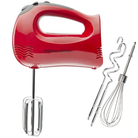 Andrew James Powerful 300 Watt Red Hand Mixer With Chrome Beaters Dough Hooks 5 Speed With Turbo Button  Bonus Balloon Whisk