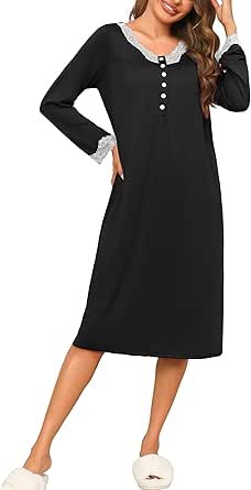 Ekouaer Women's Long Sleeve Nightgown Long Nightshirt Button Sleepwear Lace V Neck Sleep Dress S-XXL