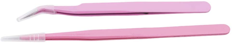 HENGSONG 2 Pieces Straight and Curved Tip Tweezers Nipper for Eyelash Extensions Pink Stainless Steel False Lash Application Tools