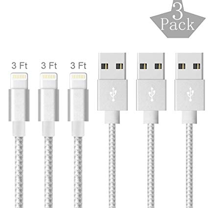 BBInfinite Compatible iPhone Charger 3-Pack 3Ft Cable, Lightning Cable, Charger Cable Cords Nylon Braided to USB iPhone Charger Cable iPhone X/XS/Xsmax/XR/8/7/7Plus/6/6S/6Plus/5/5S/5C(Silver)