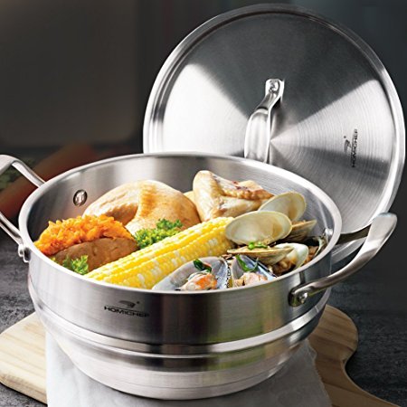 HOMI CHEF 10" Wide 4.5" DEEP 3-RIDGE Universal Steamer Cookware with Lid (NICKEL FREE Stainless Steel, 3 Ridges for 8"/ 9"/ 9.5" Pots) - Steamer Inserts for Pots - Kitchen Steamer Basket 40113