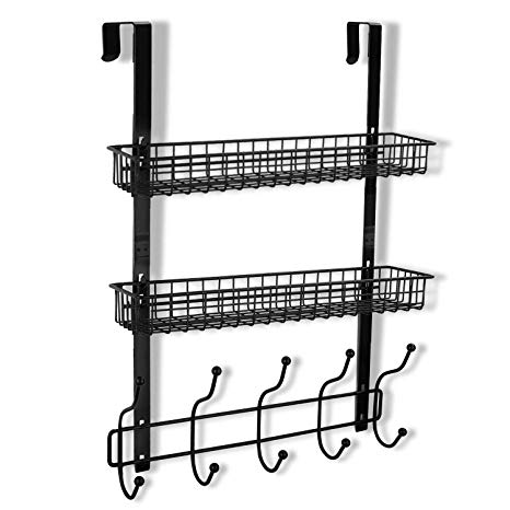 KEIMIX Coat Rack, Over The Door Hanger with Mesh Basket, Detachable Storage Shelf for Towels, Hats, Handbags, Coats (Black-2 Layer)