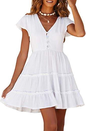 MEROKEETY Women's Summer V Neck Button Down Ruffle Sleeves Pleated Swing Mini Dress