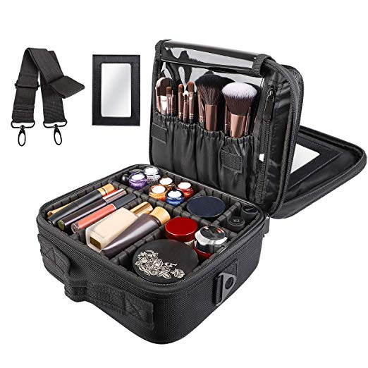 Kootek Travel Makeup Bag Double-Layer Portable Train Cosmetic Case Organizer with Mirror Shoulder Strap Adjustable Dividers for Cosmetics Makeup Brushes Toiletry Jewelry Digital Accessories