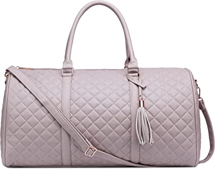 Women's Quilted Leather Weekender Travel Duffel Bag With Rose Gold Hardware - Large 22" Size Duffle - Cute Satin Inner Lining - Dusty Pink