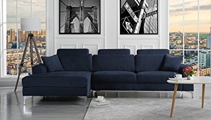 Divano Roma Furniture Modern Large Linen Fabric Sectional Sofa, L-Shape Couch with Extra Wide Chaise Lounge (Navy)