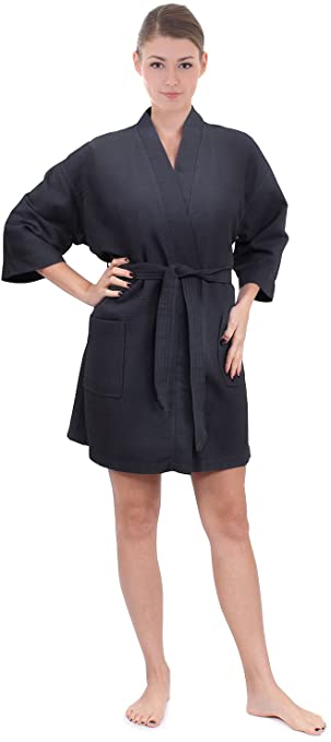 Women's Knee Length Waffle Weave Kimono Bathrobe, Short Spa Robes