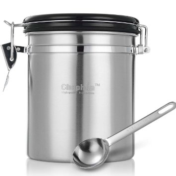 Chephon(TM) Stainless Steel Airtight Coffee Canister with Date Dial and One-way CO2 Vent Valve - Premium Airscape Coffee Container with Free Scoop (1 lb/16 oz)