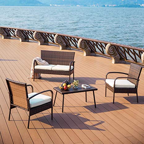 PAMAPIC Outdoor Patio Furniture 4 Pieces Embossing PE Rattan Wicker Sofa and Chairs Set, Brown