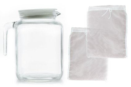 Teikis Glass Jug Pitcher White Lid (67 3/4oz)   2 Pack Reusable Fine Mesh Nut Milk Bags Cheesecloth (10" x 12") & Cold Brew Coffee