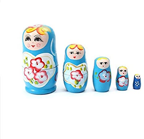 Glamorway Lovely Russian Nesting Matryoshka 5-Piece Wooden Doll Set Wooden Doll Hand Painted Doll Toy (Blue)