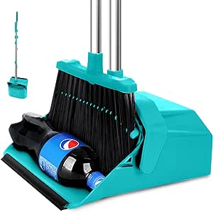 Upgrade Broom and Dustpan Set with 51'' Long Handle, Large Upright Brooms and Dust Pans, ZeroGap Lip, Self-Cleaning Dustpan Teeth for Lobby Kitchen Office Restaurant - Blue