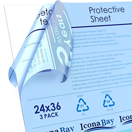 Icona Bay Thin & Flexible PET Plexiglass Plastic Sheets (24x36 x 0.03 inch, Clear, 3 Pack), Easy to Cut for DIY Art Projects & Protective Barriers, PET Sheeting is Pliable Unlike Acrylic