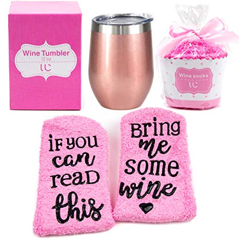 Stainless Steel 12 oz Wine Tumbler   Cupcake Wine Socks Gift Set | Double Insulated Stemless Wine Tumbler with Lid, Rose Gold | Includes Funny Socks"If You Can Read This, Bring Me Some Wine"