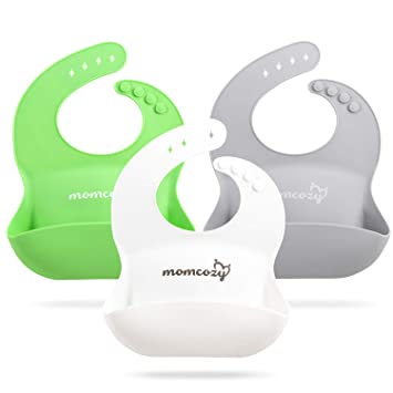 Silicone Baby Bibs Easily Clean Set of 3, Momcozy Soft Adjustable Toddler Silicone Bibs for Babies Girl and Boy, Waterproof, Green White and Grey