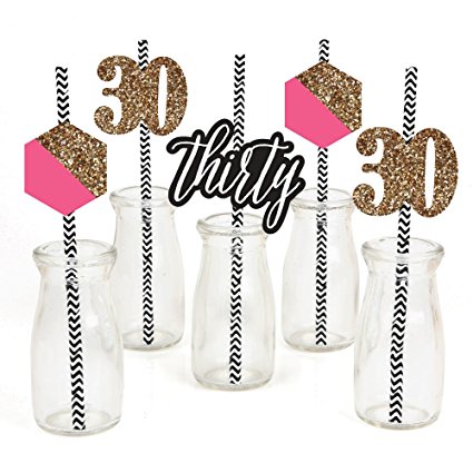 Chic 30th Birthday - Pink, Black and Gold - Birthday Party Straw Decor with Paper Straws - Set of 24