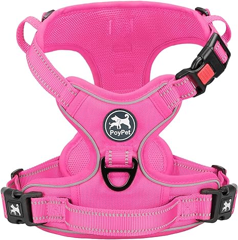 PoyPet No Pull Dog Harness, No Choke Reflective Dog Vest, Adjustable Pet Harnesses with Easy Control Padded Handle for Small Medium Large Dogs(Pink Matching Trim,S)