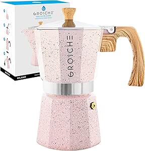 GROSCHE Milano Moka pot, Stovetop Espresso maker, Greca Coffee Maker, Stovetop coffee maker and espresso maker percolator (Pink, 9 cup)