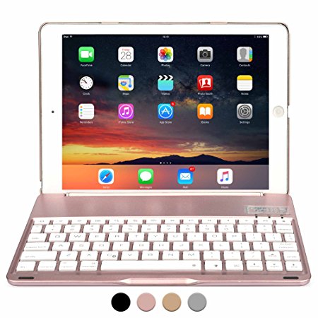 iPad Air 1, iPad 9.7 2017 Keyboard case, COOPER NOTEKEE F8S Backlit LED Bluetooth Wireless Rechargeable Keyboard Portable Laptop Macbook Clamshell Clamcase Cover with 7 Backlight Colors (Rose Gold)