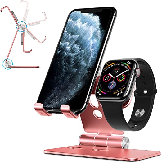 Cell Phone Stand for Apple Watch - OMOTON 2 in 1 Aluminum Foldable Charging Dock Stand for Apple Watch 5/4/3/2/1 and iPhone 11/11 Pro/11 Pro Max/XR/Xs/Xs Max,Rose Gold