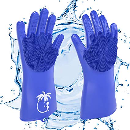Silicone Gloves with wash Scrubber | New Double Sided Textured Design for Grip & Detailing | Heat Insulation for Multi Purpose Cleaning Protection [Kitchen, Bathroom, Car, Pet, Clothes] (Blue)