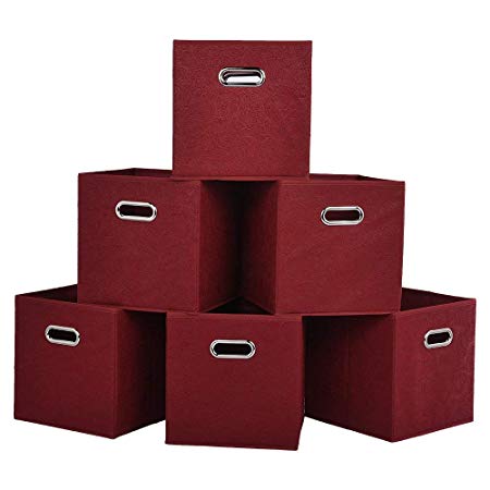 Embossed Claret Red 2 Metal Handles Foldable Storage Cubes, Home Decorative Fabric Drawers Clothes Organizer Storage Bin, 6 Pack