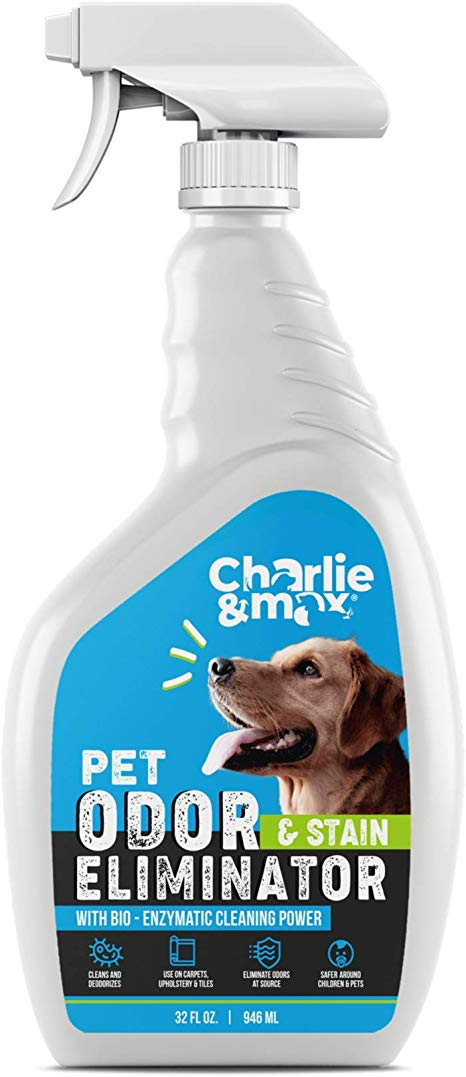 Charlie & Max Pet Odor & Stain Eliminator Spray - Plant-Based Cleaner, Removes Urine, Pet Odors, Stains from Dogs, Cats, Small Pets, Spot Treatment - 32 oz. Bottle