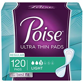 Poise Ultra Thin Incontinence Pads, Light Absorbency, Regular, Unscented, 120 Count (4 Packs of 30)