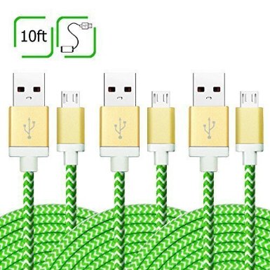 iSeeker Micro USB Cable3 Pack Extra Long10ft3m Micro USB to USB Nylon Braided Cord with Gold-Aluminum Connectors For Android Samsung HTC Motorola Nexus LG Sony Blackberry and MoreGreen