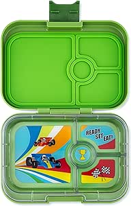 Yumbox Panino Bento Lunch Box: Leakproof 4-Compartment Design; Kid & Adult-Friendly; Easy-Clean & Durable; Food-Safe, BPA-Free; 8.5x6x1.8 inches - Matcha Green with Race Cars