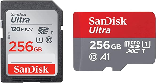 SanDisk 256GB Ultra SDXC UHS-I Memory Card & 256GB Ultra microSDXC UHS-I Memory Card with Adapter - 120MB/s, C10, U1, Full HD, A1, Micro SD Card - SDSQUA4-256G-GN6MA