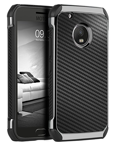 Moto G5 Plus Case, Moto G Plus (5th Generation) Case, BENTOBEN Shock Absorbing Hybrid Hard PC Laminated Carbon Fiber Texture Chrome Shockproof Case for Motorola Moto G5 Plus 2017(5.2 inch),Gray/Black