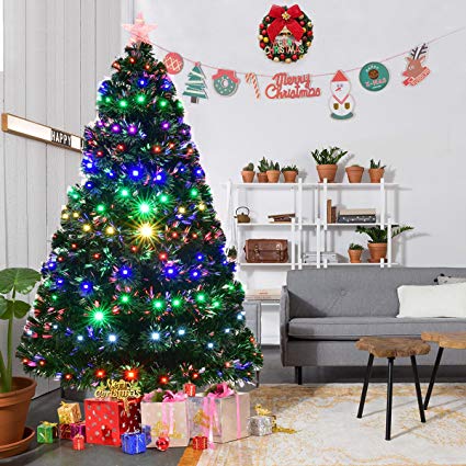 GYMAX 1.8M Christmas Tree Fiber Optic Multicolored Changing Lights Xmas Decoration
