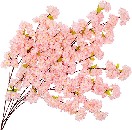 Luyue 42in Artificial Cherry Blossom Flowers 6 Pack Silk Cherry Blossoms Branches Fake Sakura Flower Trees Decor for Wedding Decoration Home Office-Champagne