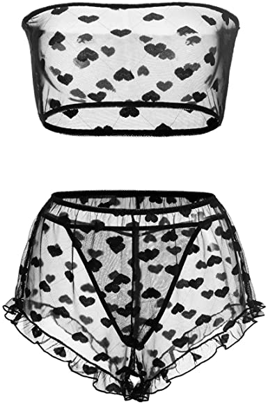 Women's Lingerie Set with Heart Print Stretchy Lace Bandeau Bra Top Underwear Suit with Shorts and Thong Size S-XXL