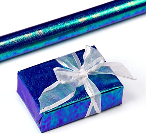 WRAPAHOLIC Gift Wrapping Paper Roll- Blue Paper with Rainbow Shiny for Birthday, Wedding, Mother Day, Valentine's Day, Holiday, Wrap - 30 inch x 33 feet Per Roll