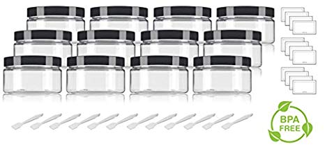 Clear PET Plastic (BPA Free) Refillable Low Profile Jar - 8 oz (12 Pack)   Spatulas and Labels