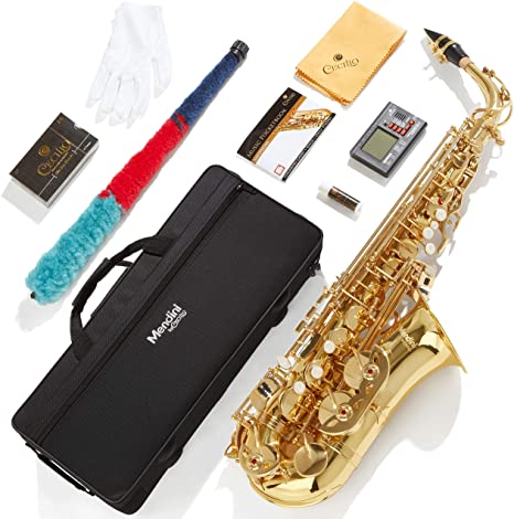 Mendini E-Flat Alto Saxophone, Gold Lacquered and Tuner, Case, Pocketbook - MAS-L 92D PB