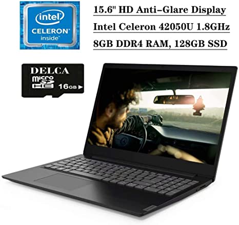 2020 Premium Lenovo Ideapad S145 Laptop Computer, 15.6" HD Anti-Glare Display, Intel Celeron 4205U 1.8GHz, 8GB DDR4 128GB SSD, WiFi BT 4.1 Dolby Audio HDMI Win 10 (Black)   Delca 16GB Micro SD Card