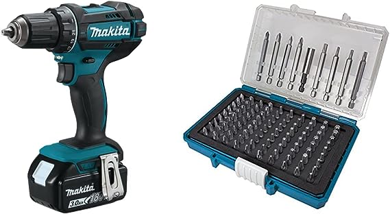 Makita DDF482RFJ Akku-Bohrschrauber 18 V, 54 W, Schwarz, Blau & P-81050 Bit-Box 99-teilig