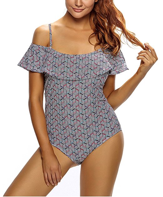 FARYSAYS Women's Stylish Ruffle Off the Shoulder One-Piece Swimwear Swimsuit