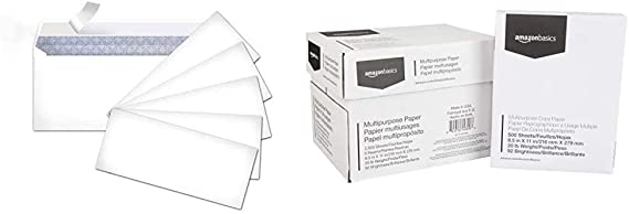 AmazonBasics #10 Security-Tinted Envelopes with Peel & Seal, White, 500-Pack - AMZP5 & Multipurpose Copy Printer Paper - White, 8.5 x 11 Inches, 5 Ream Case (2,500 Sheets)