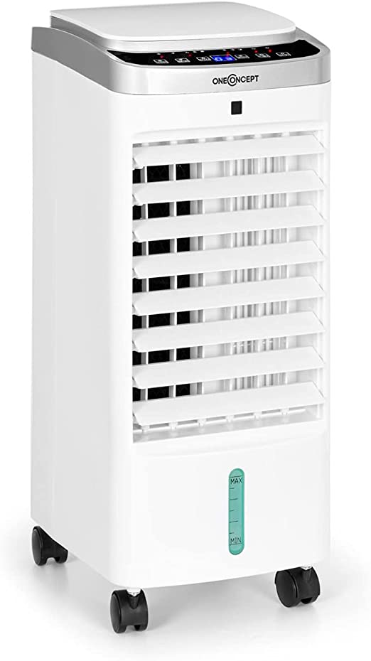 OneConcept Freshboxx Pro - Rafraîchisseur d'air, Refroidisseur, Ventilateur, Humidificateur, 65 W, 966 m³/h, 3 Vitesses, Capacité 5L, Oscillation 120°, Télécommande, 2 Blocs réfrigérants - Blanc